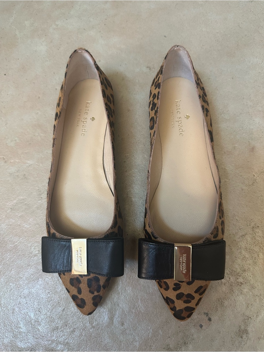Kate Spade “Norah” Leopard Print Pointed Toe Flats with Black Bow, Size 6.5